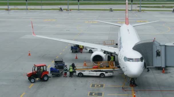 Empleados del aeropuerto descargan equipaje en el transportador desde un avión comercial — Vídeos de Stock