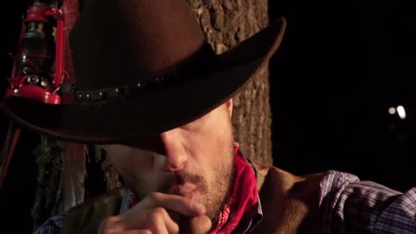 Koboi dengan cerutu di hutan di malam hari — Stok Video