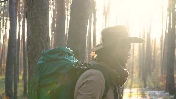 帽子をかぶったバックパッカーが森の中を歩く — ストック動画