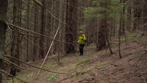 Une femme avec un sac à dos voyage dans la forêt — Video