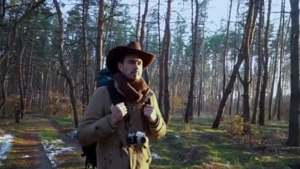 Backpacker cu cameră merge de-a lungul unui traseu în pădure — Videoclip de stoc