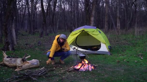 Мужчина у костра и палатка в лесу — стоковое видео