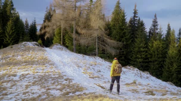 Un hombre con una mochila viaja en el bosque en invierno — Vídeo de stock