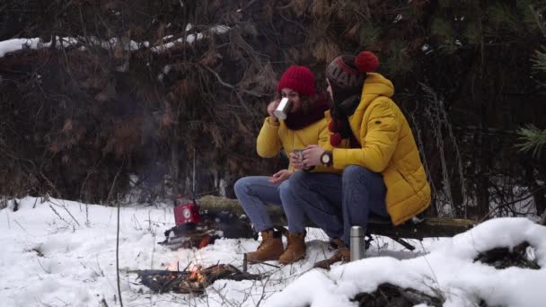 Junger Mann und Frau trinken Tee am Feuer im Winterwald — Stockvideo