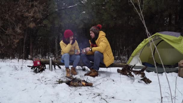 ชายหนุ่มและหญิงดื่มชาข้างไฟในป่าฤดูหนาว — วีดีโอสต็อก