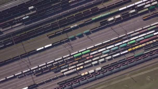 Aerial view of Railway sorting station and A lot of wagons at a railway — Stock Video