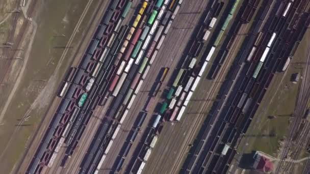 Widok z lotu ptaka na kolejową stację sortującą i wiele wagonów kolejowych — Wideo stockowe