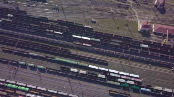Aerial view of Railway sorting station and A lot of wagons at a railway — Stock Video