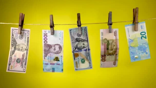 Farklı ülkelerin banknotları mandal ipinde kurur. — Stok video