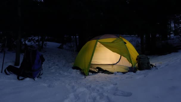 Tente jaune iluminée dans la forêt d'hiver — Video