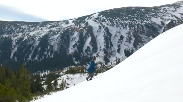 Mujer joven viaja en las montañas en invierno — Vídeo de stock