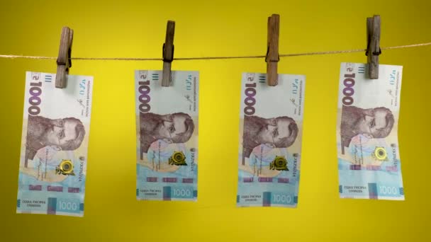 Ukrainsk valuta tørkes på et tau – stockvideo