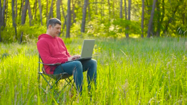Yaz ormanlarında dizüstü bilgisayarda çalışan adam. — Stok video