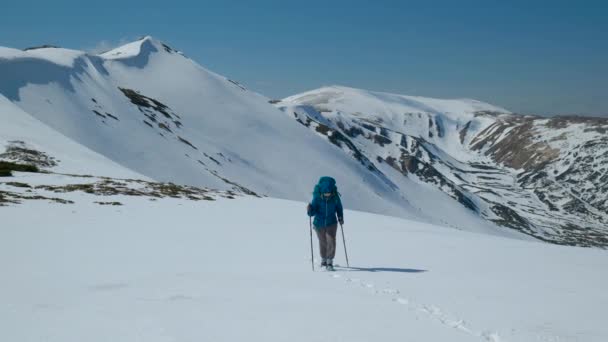 冬天，背着背包的女人在山上旅行 — 图库视频影像