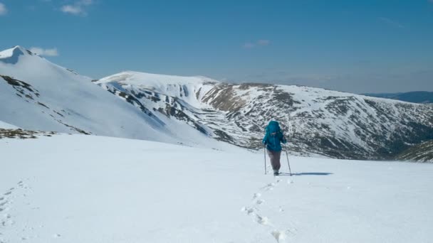 冬天，背着背包的女人在山上旅行 — 图库视频影像