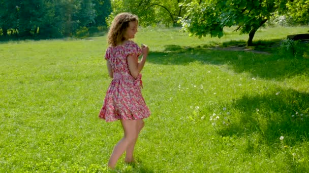 Woman dancing in red dress in summer park — Stock Video