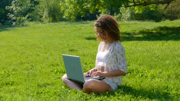 Hermosa chica estudiante trabajando en el portátil en el parque — Vídeo de stock