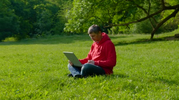 Mann arbeitet im Sommerwald am Laptop — Stockvideo
