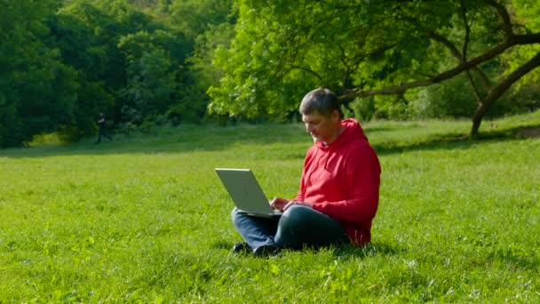 Hombre trabajando en el ordenador portátil en el bosque de verano — Vídeo de stock