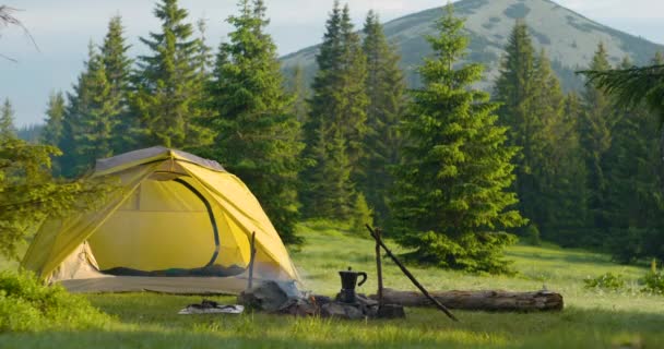Zelt und Lagerfeuer auf der Waldwiese in den Bergen — Stockvideo