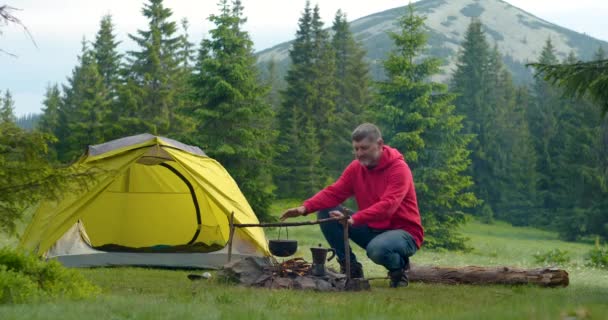 Man met baard toerist verwarmt zijn handen over een kampvuur in de bergen — Stockvideo