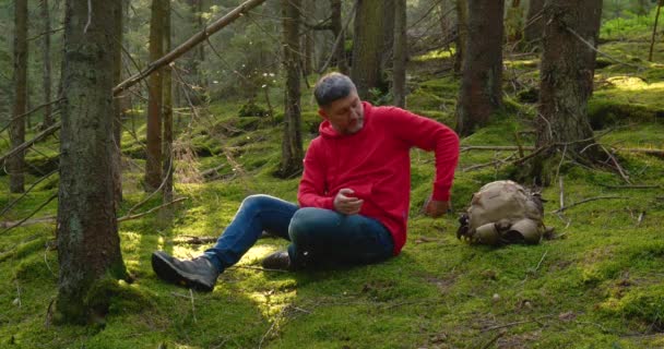 Turista srác pihen mohán egy gyönyörű erdőben — Stock videók