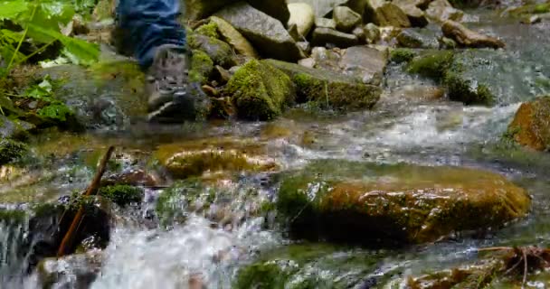 Primer plano de botas de senderismo de cuero vintage hiker rolling mountain stream — Vídeos de Stock