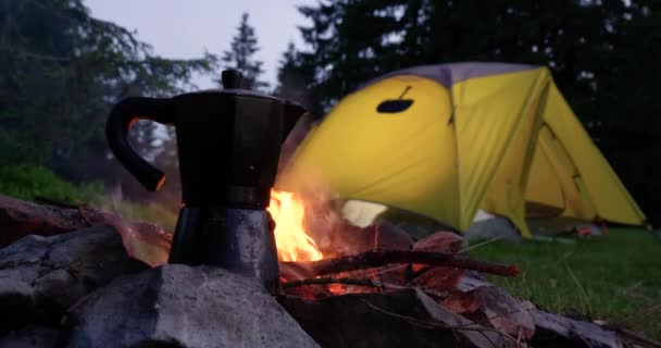 Teko kopi dekat api dan tenda di glade hutan — Stok Video