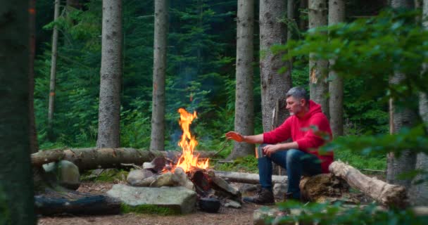Baard mannelijke toerist in de buurt van kampvuur in het bos — Stockvideo