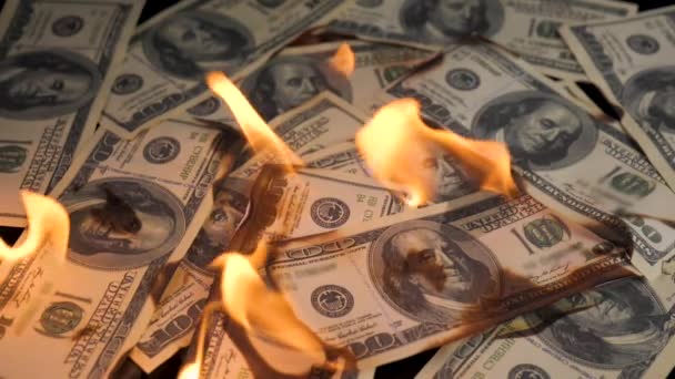 Slow motion of dollars money on fire lost money — Stock Video