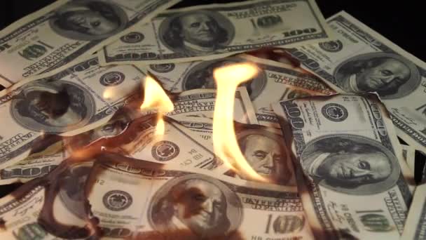 Lento movimiento de dólares dinero en el fuego perdido dinero — Vídeo de stock