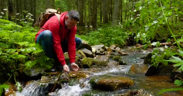 Бородатий чоловік з рюкзаком миється водою з гірської течії — стокове відео