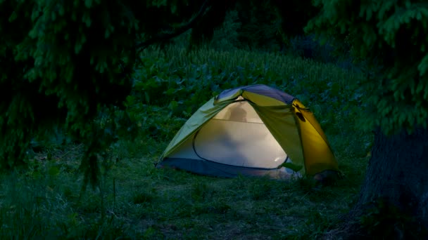 Um homem numa tenda na floresta nocturna — Vídeo de Stock