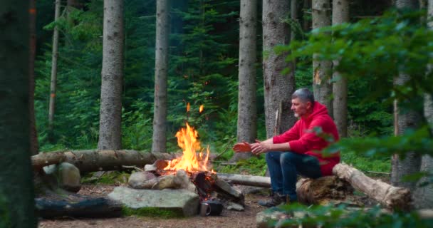 Baard mannelijke toerist in de buurt van kampvuur in het bos — Stockvideo