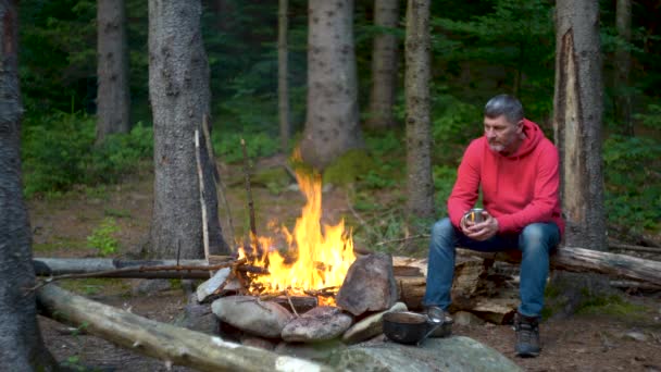 Sakallı erkek turist ormandaki kamp ateşinin yanında — Stok video
