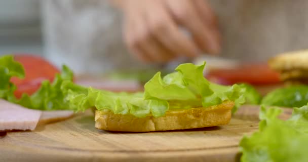 Chef feminino na cozinha da casa coleta um sanduíche — Vídeo de Stock