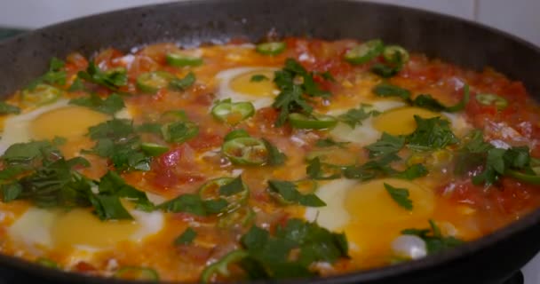 Смажені яйця приготовані на сковороді з помідорами — стокове відео
