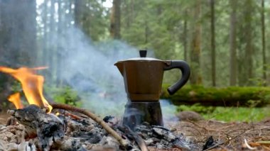 Kahve, ormandaki bir kamp ateşinde gayzer kahve makinesinde hazırlanır.