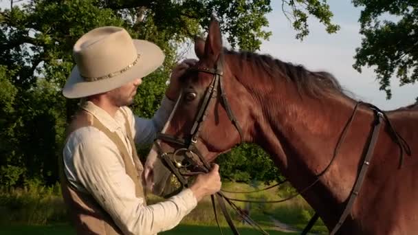 Крупный план американского ковбоя, гладящего лошадь в замедленной съемке — стоковое видео