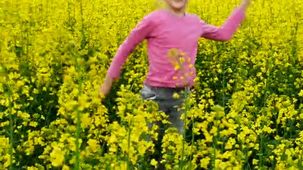 Chicas alegres bailando en el campo amarillo — Vídeos de Stock