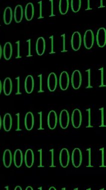 Animasyon İkili Kod Arkaplanı Dijital Matris Akışı ile, Yeşil ikili sayılar dikey akımlarda hareket ederek fütüristik dijital matris efekti, dikey görüntüler oluşturur