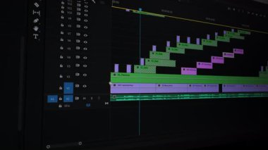 Adobe Pro arayüzündeki video düzenleme zaman çizelgesi, Adobe Pro Pro ekranındaki renkli video ve ses düzenleme zaman çizelgesine yakın plan