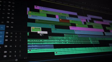 Çoklu Ses ve Görsel Parçalarla Renkli Video Düzenleme Zaman Çizgisi, Katmanlı klipleri, dalga biçimleri ve düzenleme elemanlarını gösteren Karmaşık çoklu yol arayüzü