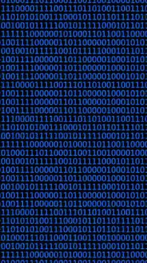 İkili kodların dijital temsili boşluğu doldurur, koyu mavi bir arkaplan karşısında sıfır ve birlerden oluşan kusursuz bir desen sergiler, teknolojiden esinlenilmiş bir atmosfer, dikey görüntüler sunar.