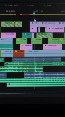 Çoklu katmanlar ve ses parçalarının yer aldığı bir video projesinin ayrıntılı zaman çizelgesi, karmaşık ortam dizilimi ve senkronize ses dizaynı gösteren pencerenin düzenlenmesi, dikey görüntüler