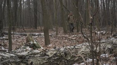 Bir adam, uzun ağaçlar ve düşmüş kütüklerle çevrili, karlı bir ormanda yürüyor, sakin bir kış manzarasında, yumuşak bir sabah ışığı manzarayı aydınlatıyor..