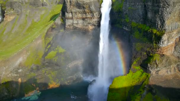 Regnbåge över vattenfallet Hayfoss på Island — Stockvideo