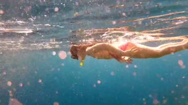 Молодая девушка ныряет с маской в Красное море — стоковое видео