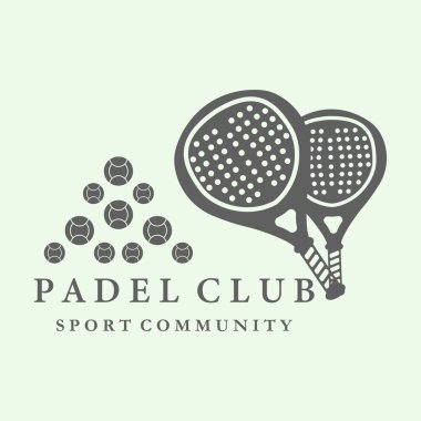İçinde raketler ve toplar olan Padel Kulübü logosu. Padel 'i destekleyen spor kulüpleri, turnuvalar, mallar ve sosyal medya grafikleri için elverişli