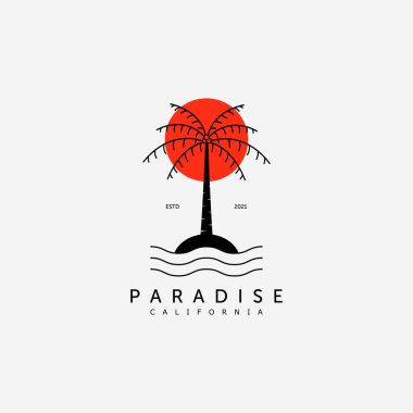 Palm Tree Logo Vector Design Illustration Line Art, Coconut Concept, Paradise Island Logo, Ocean Concept Sunset in The Paradise Island